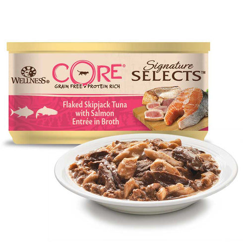 Hrana umeda pentru pisici Wellness Core Signature Select cu ton si somon in supa 79g